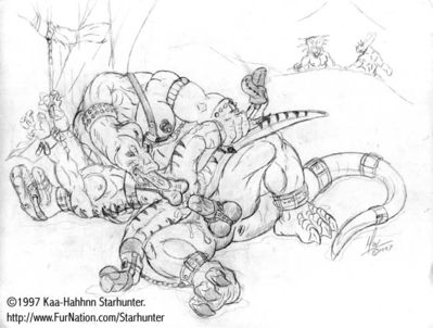 Raptor Troubles 2
art by kaa
Keywords: dinosaur;theropod;raptor;deinonychus;ceratopsid;apatosaurus;male;anthro;M/M;spoons;penis;anal;oral;bondage;spooge;kaa