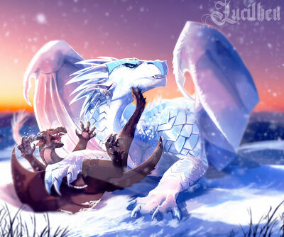Arctic and Baby Darkstalker (Wings_of_Fire)
art by kaalut
Keywords: wings_of_fire;nightwing;icewing;hybrid;prince_arctic;darkstalker;dragon;male;feral;non-adult;kaalut