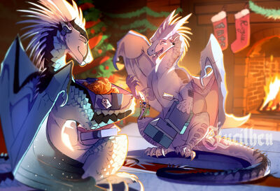 Hybrid Christmas (Wings_of_Fire)
art by kaalut
Keywords: wings_of_fire;icewing;nightwing;hybrid;dragon;male;male;feral;solo;holiday;non-adult;kaalut