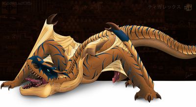 Erect Tigrex (color)
art by kaeku
Keywords: videogame;monster_hunter;dragon;wyvern;tigrex;male;feral;solo;penis;spooge;kaeku