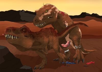 Tyrannosaurs Mating
art by kaeku
Keywords: dinosaur;theropod;tyrannosaurus_rex;trex;male;female;feral;M/F;penis;from_behind;suggestive;transformation;kaeku