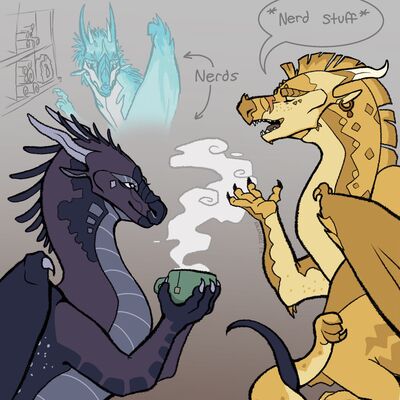 Nerds (Wings_of_Fire)
art by kalamari
Keywords: wings_of_fire;nightwing;sandwing;icewing;moonwatcher;qibli;winter;dragon;dragoness;male;female;feral;solo;non-adult;humor;kalamari