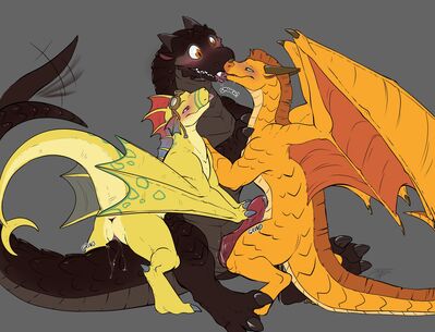 Threeway With Sunny and Adine (Wings_of_Fire)
art by kaptcha or benji
Keywords: videogame;angels_with_scaly_wings;wings_of_fire;mudwing;sandwing;nightwing;hybrid;sunny;dragon;dragoness;wyvern;male;female;feral;M/F;threeway;penis;vagina;masturbation;vaginal_penetration;spooge;kaptcha;benji