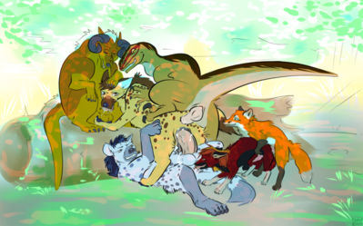 Forest Orgy
art by kaputotter
Keywords: dinosaur;theropod;raptor;deinonychus;furry;canine;fox;hyena;male;female;feral;M/F;M/M;penis;from_behind;vaginal_penetration;anal;double_penetration;oral;anal;spitroast;orgy;kaputotter