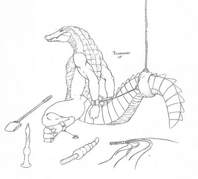 Bound Gator
art by karerease
Keywords: crocodilian;alligator;male;anthro;solo;bondage;dildo;suggestive;karerease