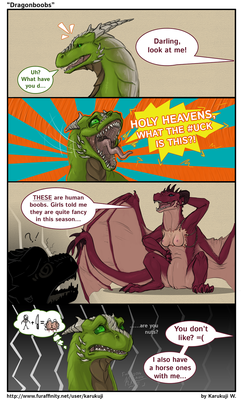 Dragonboobs
art by karukuji
Keywords: comic;dragon;dragoness;male;female;feral;breasts;solo;vagina;humor;karukuji