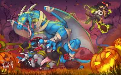 Halloween Fun
art by karukuji
Keywords: dragon;feral;furry;canine;anthro;breasts;male;female;M/M;penis;suggestive;spooge;karukuji