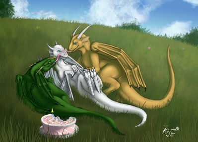 Wyvern's Birthday Cake
art by karukuji
Keywords: dragon;wyvern;feral;humor;non-adult;karukuji