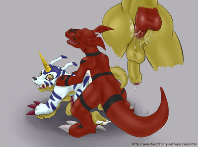 Gabumon x Guilmon
art by kasirith
Keywords: anime;digimon;dragon;furry;canine;guilmon;gabumon;male;anthro;M/M;from_behind;anal;closeup;spooge;kasirith