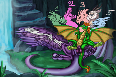 Hydra Riding
art by katruna94
Keywords: dragon;dragoness;hydra;male;female;feral;M/F;penis;reverse_cowgirl;vaginal_penetration;katruna94