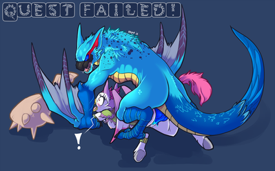 Quest Failed
art by kayla-na
Keywords: videogame;monster_hunter;dragon;wyvern;nargacuga;male;feral;avian;bird;gryphon;female;anthro;M/F;penis;from_behind;spooge;kayla-na