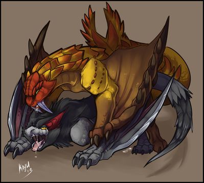 Sand Barioth Mounts A Nargacuga
art by kayla-na
Keywords: videogame;monster_hunter;dragon;dragoness;wyvern;sand_barioth;nargacuga;male;female;feral;M/F;from_behind;spooge;kayla-na