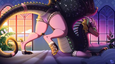 Hybrid Presentation (Wings_of_Fire)
art by kete
Keywords: wings_of_fire;rainwing;nightwing;hybrid;dragoness;female;feral;solo;vagina;presenting;lingerie;kete