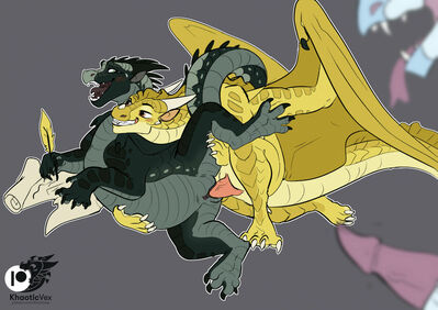 Surprise! (Wings_of_Fire)
art by KhaoticInterests
Keywords: wings_of_fire;sandwing;nightwing;dragon;dragoness;male;female;feral;M/F;penis;from_behind;vaginal_penetration;KhaoticInterests