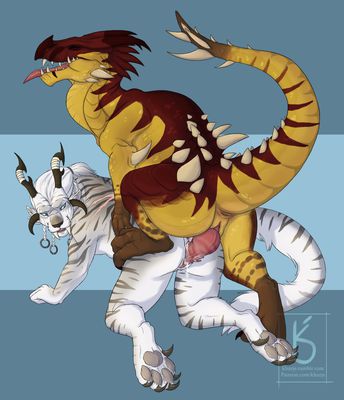 Charr and Raptor Mating
art by khurje
Keywords: videogame;guild_wars;dinosaur;theropod;raptor;male;feral;furry;feline;charr;female;anthro;M/F;penis;from_behind;vaginal_penetration;spooge;khurje