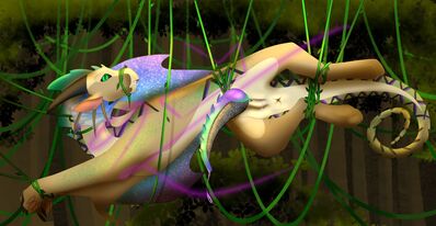 All Tied Up (Wings_of_Fire)
art by king_quince
Keywords: wings_of_fire;sandwing;rainwing;hybrid;dragon;male;feral;penis;solo;bondage;spooge;king_quince