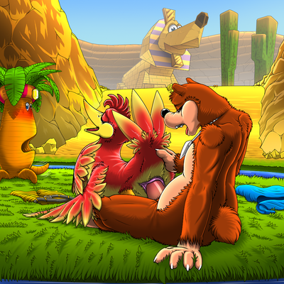 Banjo x Kazooie
art by kitsune_youkai
Keywords: videogame;banjo_kazooie;avian;bird;kazooie;furry;ursine;bear;banjo;male;female;anthro;M/F;penis;reverse_cowgirl;cloacal_penetration;kitsune_youkai