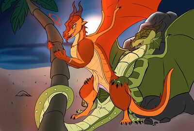Chameleon and Queeen_Scarlet (Wings_of_Fire)
art by kiumba
Keywords: wings_of_fire;skywing;rainwing;queen_scarlet;chameleon;dragon;dragoness;male;female;feral;M/F;penis;reverse_cowgirl;vaginal_penetration;beach;kiumba