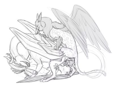 Gryphons and Dragoness
art by knon
Keywords: gryphon;dragoness;male;female;feral;M/F;threeway;penis;from_behind;oral;69;knon