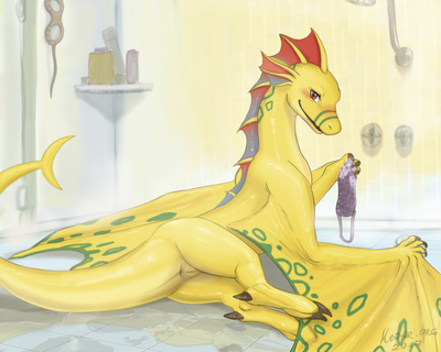 Adine's Shower
art by kodardragon
Keywords: videogame;angels_with_scaly_wings;dragoness;wyvern;female;anthro;solo;cloaca;shower;kodardragon