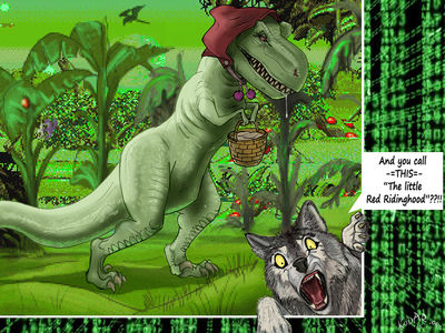 Wrong Hood
art by kodardragon
Keywords: dinosaur;theropod;tyrannosaurus_rex;trex;furry;canine;wolf;feral;humor;non-adult;kodardragon