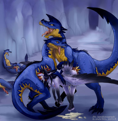 Baggi Orgy
art by konekonoarashi
Keywords: videogame;monster_hunter;bird_wyvern;baggi;male;feral;furry;dragoness;hybrid;female;anthro;breasts;M/F;threeway;spitroast;from_behind;oral;penis;spooge;konekonoarashi