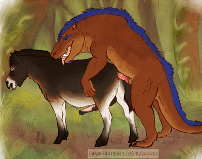 Interspecies Mating
art by konikki
Keywords: dinosaur;gorgonopsid;furry;equine;horse;male;feral;M/M;penis;from_behind;anal;spooge;konikki