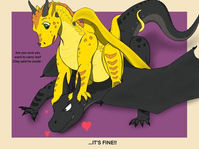 Starflight and Sunny (Wings_of_Fire)
art by krafteh
Keywords: wings_of_fire;nightwing;sandwing;hybrid;sunny;starflight;dragon;dragoness;male;female;feral;M/F;suggestive;humor;krafteh