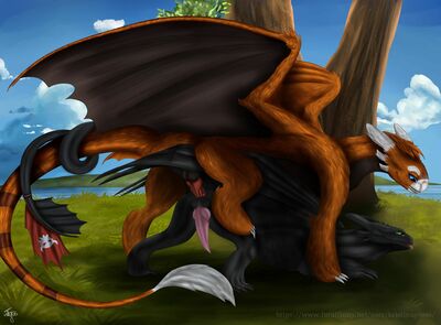 Taken Under The Tree
art by kristinagoose
Keywords: how_to_train_your_dragon;httyd;night_fury;toothless;dragon;male;feral;M/M;penis;from_behind;anal;kristinagoose