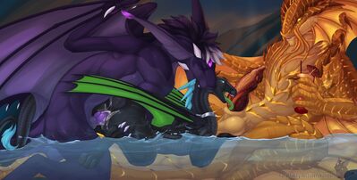 Evening Spitroast
art by kuribon
Keywords: dragon;dragoness;male;female;feral;M/F;threeway;spitroast;penis;from_behind;vaginal_penetration;oral;spooge;kuribon