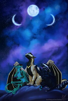 Astronomy (Wings_of_Fire)
art by kuribon
Keywords: wings_of_fire;rainwing;sandwing;hybrid;dragon;feral;non-adult;kuribon