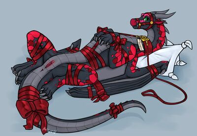 Christmas Gift (Wings_of_Fire)
art by kuueen
Keywords: wings_of_fire;nightwing;rainwing;hybrid;dragoness;female;feral;solo;bondage;vagina;presenting;holiday;kuueen