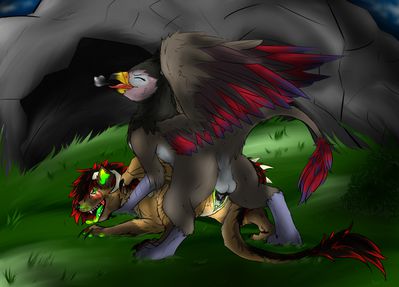 Gryphon and Hyena
art by kyokj
Keywords: gryphon;dragoness;furry;hyena;hybrid;male;female;feral;anthro;M/F;penis;from_behind;vaginal_penetration;spooge;kyokj