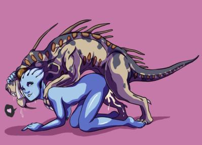 Asari and Varren
art by inuchi
Keywords: beast;videogame;mass_effect;varren;male;feral;alien;woman;asari;female;M/F;from_behind;spooge;inuchi