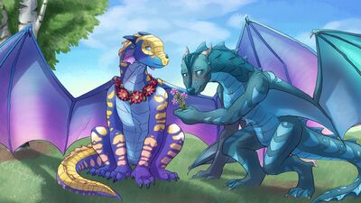 Tamarin and Pike (Wings_of_Fire)
art by lalzimsooodrunkrightnow
Keywords: wings_of_fire;rainwing;seawing;tamarin;pike;dragon;dragoness;male;female;M/F;romance;nn-adult;lalzimsooodrunkrightnow