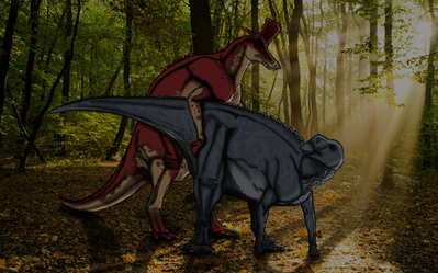 Lambeosaurus Mounting Gryposaurus
art by kingrexy
Keywords: dinosaur;hadrosaur;lambeosaurus;gryposaurus;male;female;feral;M/F;from_behind;suggestive;kingrexy