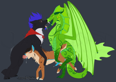 Double Dog (Wings_of_Fire)
art by langjingshen
Keywords: wings_of_fire;leafwing;rainwing;hybrid;dragon;furry;canine;dog;male;feral;anthro;M/M;threeway;spitroast;penis;from_behind;anal;oral;spooge;langjingshen