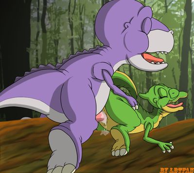 Chomper and Ducky Mating
art by lbtfan
Keywords: cartoon;land_before_time;lbt;dinosaur;theropod;tyrannosaurus_rex;trex;hadrosaur;chomper;ducky;male;female;anthro;M/F;penis;from_behind;vaginal_penetration;spooge;lbtfan