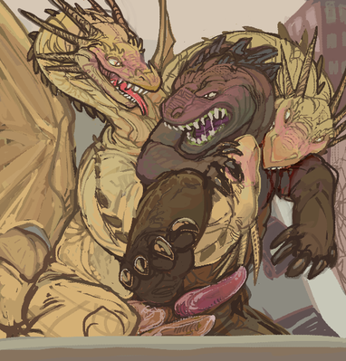 Let's End The Fight In Sex
art by whatwhatWHOA
Keywords: godzilla;gojira;king_ghidorah;feral;male;M/M;penis;from_behind;suggestive;whatwhatWHOA