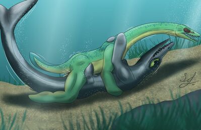 Mosasaur and Plesiosaur
art by lindwormduality
Keywords: dinosaur;mosasaurus;plesiosaurus;male;female;feral;anthro;M/F;missionary;suggestive;lindwormduality