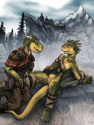 Hot Adventure
art by lizardlars
Keywords: videogame;skyrim;argonian;male;female;anthro;breasts;M/F;vagina;oral;spooge;lizardlars