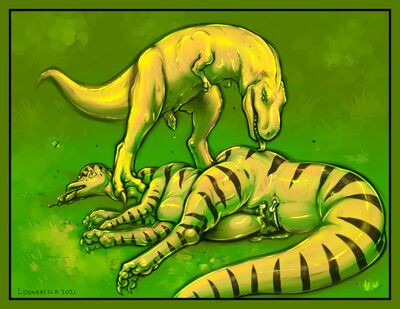 Warmup
art by loonertick
Keywords: dinosaur;theropod;tyrannosaurus_rex;trex;hadrosaur;hypacrosaurus;male;female;feral;M/F;penis;vagina;suggestive;vore;necro;spooge;loonertick