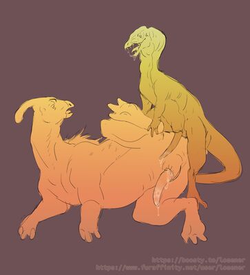 Fun With Parasaurolophus
art by losener
Keywords: dinosaur;theropod;dilophosaurus;hadrosaur;parasaurolophus;male;feral;M/M;penis;spoons;suggestive;spooge;losener