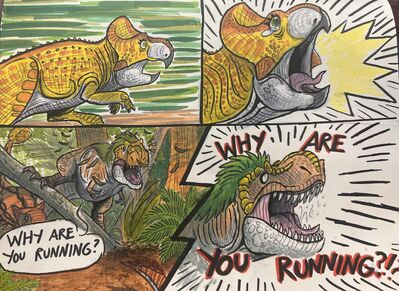 Why Are You Running?
art by loxodonta14
Keywords: dinosaur;theropod;tyrannosaurus_rex;trex;ceratopsid;feral;non-adult;humor;meme;loxodonta14