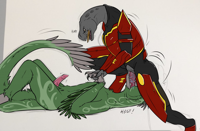 Raptor and Sangheili
art by lykenzealot
Keywords: videogame;halo;alien;sangheili;dinosaur;theropod;raptor;male;anthro;M/M;penis;oral;spooge;lykenzealot