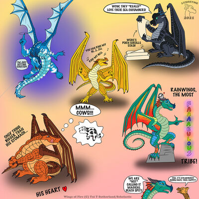 Dragonets of Destiny (Wings_of_Fire)
art by lysozyme
Keywords: wings_of_fire;nightwing;seawing;mudwing;sandwing;rainwing;starflight;hybrid;sunny;clay;glory;tsunami;dragon;dragoness;male;female;solo;humor;non-adult;lysozyme