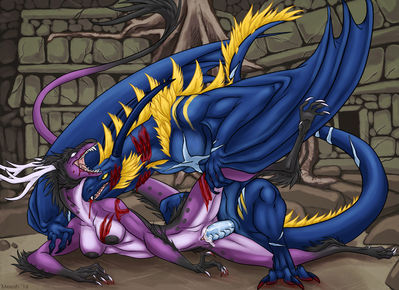 Dragon Mating
art by maryn
Keywords: dragon;dragoness;wyvern;male;female;feral;anthro;breasts;M/F;penis;from_behind;vaginal_penetration;spooge;maryn