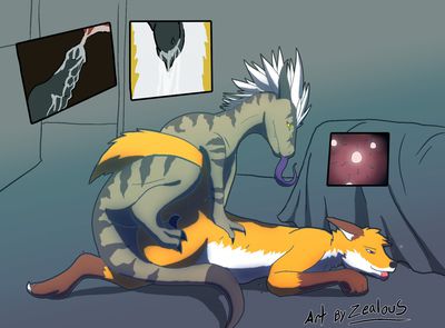 Raptor and Fox
art by mattfoxlikesretro
Keywords: dinosaur;theropod;raptor;furry;canine;fox;male;female;anthro;M/F;penis;from_behind;vaginal_penetration;closeup;internal;spooge;mattfoxlikesretro