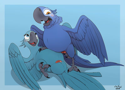 Blu and Jewel
art by mcfan
Keywords: cartoon;rio;avian;bird;parrot;blu;jewel;male;female;anthro;M/F;cloaca;missionary;suggestive;spooge;mcfan