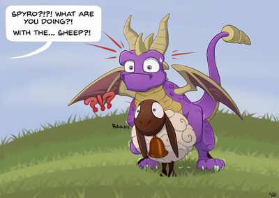 Spyro and Sheep
art by mcfan
Keywords: videogame;spyro_the_dragon;spyro;dragonb;furry;sheep;male;female;feral;M/F;from_behind;suggestive;humor;mcfan